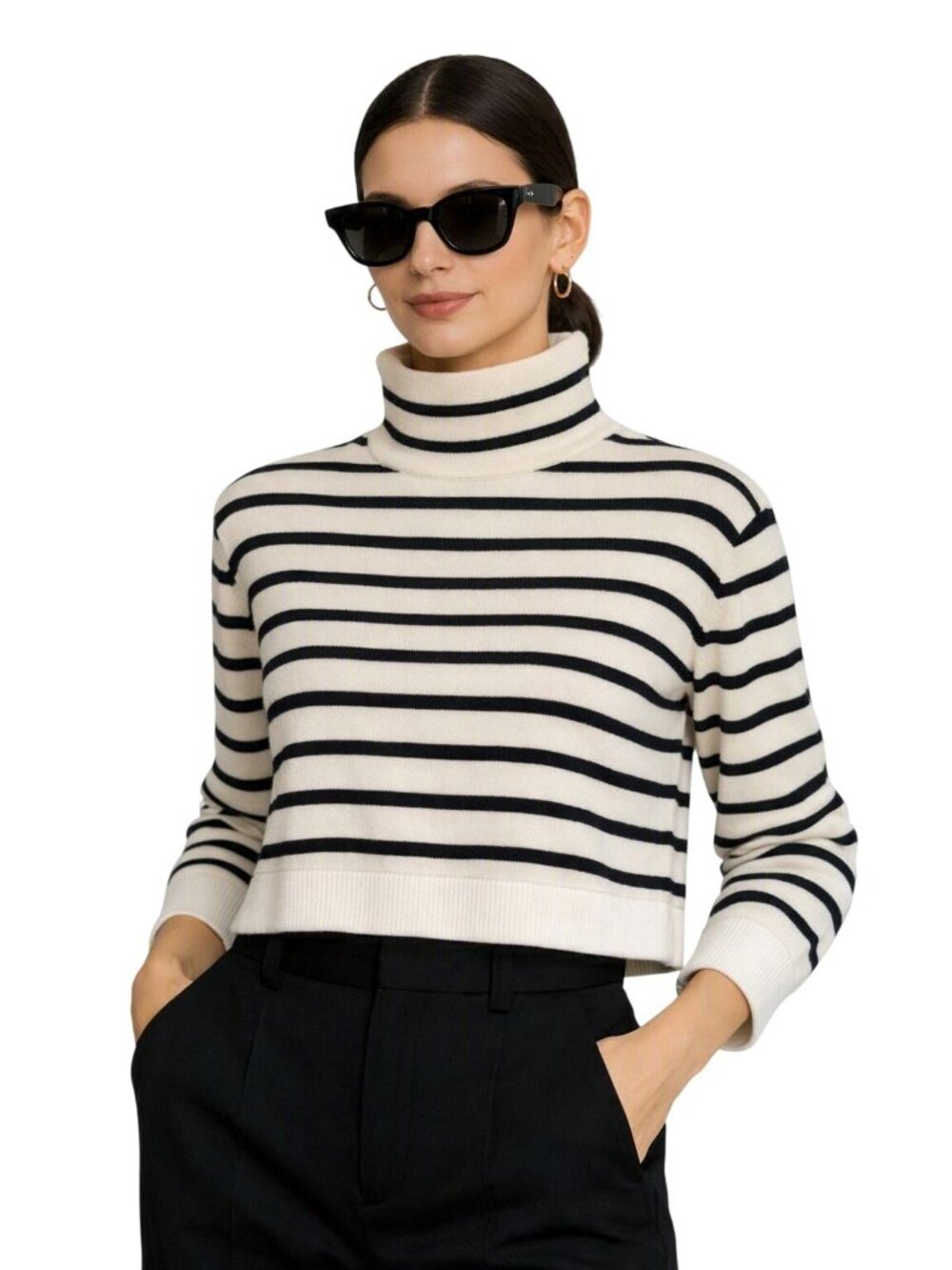 Suncoo Paris Striped High-Neck Buttoned Sweater Women T2 M Black White Designer